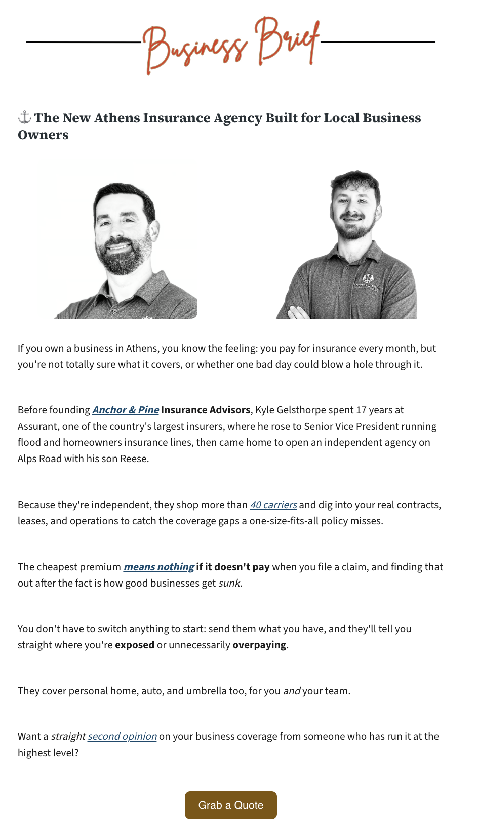 Example Athens Scoop sponsored feature for Anchor & Pine Insurance Advisors